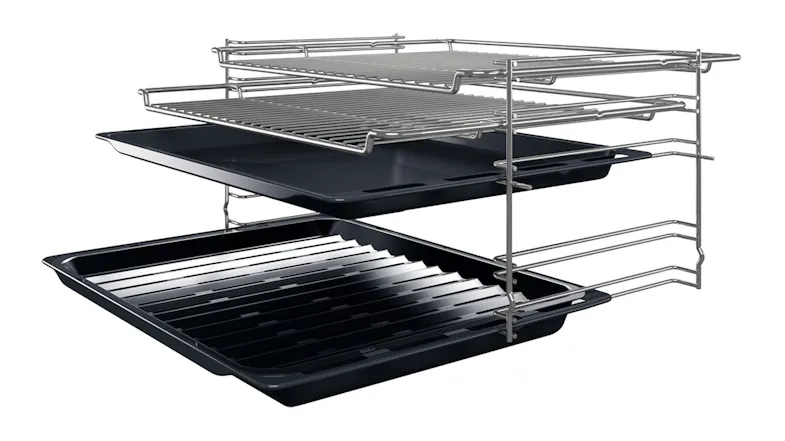 Diagram view highlighting a multi-level wire rack system with baking trays Diagram view highlighting a multi-level wire rack system with baking trays