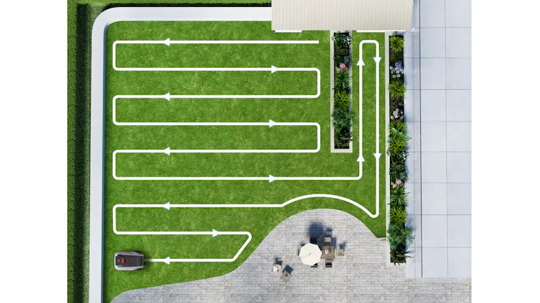 A top view of a yard with mapped out navigation for the robot A top view of a yard with mapped out navigation for the robot