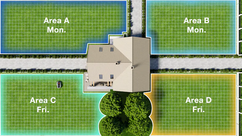 A top view of a property with four grass areas mapped out for the lawn mower A top view of a property with four grass areas mapped out for the lawn mower
