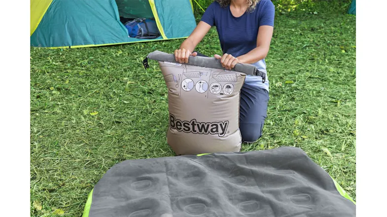 Inflatable mattress packed into a Bestway carry bag for easy transport and space-saving storage Inflatable mattress packed into a Bestway carry bag for easy transport and space-saving storage