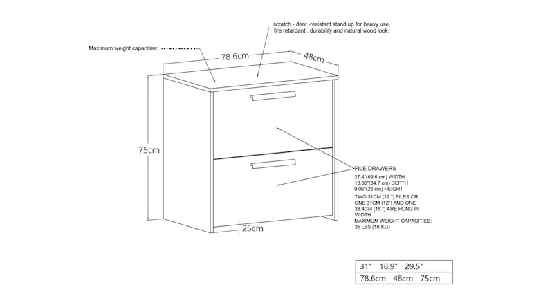 Technical drawing of a two-drawer file cabinet with dimensions, weight capacity, and drawer specifications Technical drawing of a two-drawer file cabinet with dimensions, weight capacity, and drawer specifications