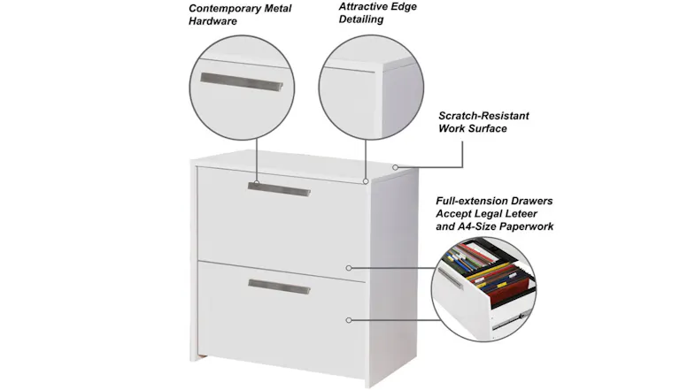 White 2-drawer filing cabinet with metal handles, scratch-resistant surface, and full-extension drawers White 2-drawer filing cabinet with metal handles, scratch-resistant surface, and full-extension drawers