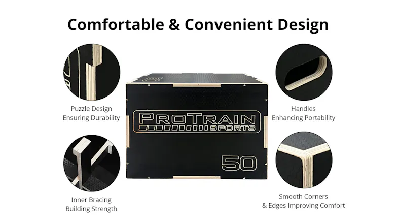 Infographic highlighting puzzle design, handles, inner bracing, and smooth corners of a black plyometric box Infographic highlighting puzzle design, handles, inner bracing, and smooth corners of a black plyometric box