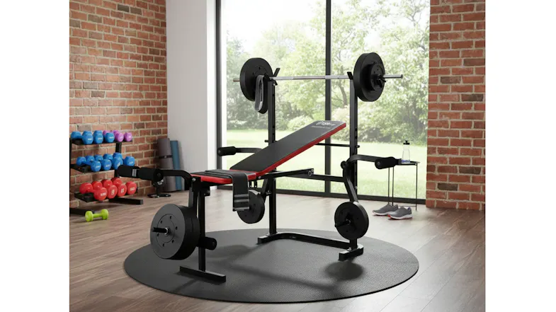 Multifunction weight bench and barbell rack in a modern fitness room with brick walls Multifunction weight bench and barbell rack in a modern fitness room with brick walls