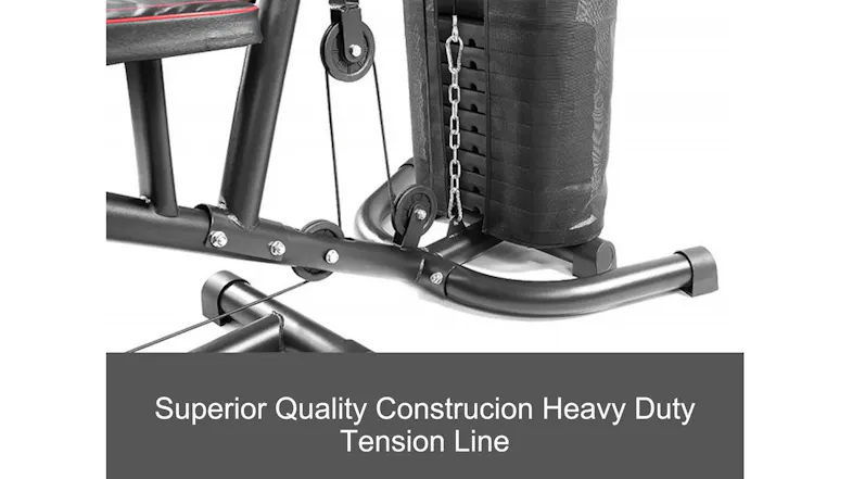 Close-up of a home gym pulley and chain system with a text banner highlighting heavy-duty construction Close-up of a home gym pulley and chain system with a text banner highlighting heavy-duty construction