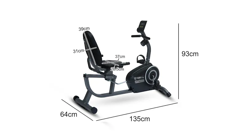 A recumbent exercise bike with overlaid dimension lines and measurements A recumbent exercise bike with overlaid dimension lines and measurements