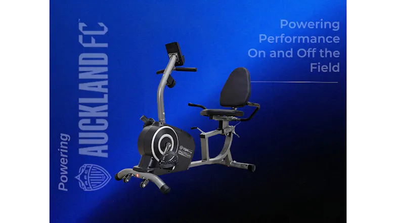 PROTRAIN Recumbent Bike displayed on a blue background with Powering Performance branding PROTRAIN Recumbent Bike displayed on a blue background with Powering Performance branding