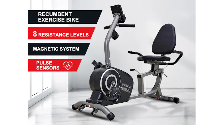 Recumbent exercise bike with 8 resistance levels, magnetic system, and pulse sensors Recumbent exercise bike with 8 resistance levels, magnetic system, and pulse sensors