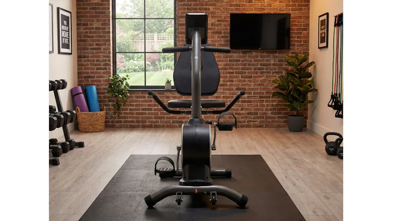 Indoor recumbent fitness bike featuring a comfortable seat and console in a home gym setting Indoor recumbent fitness bike featuring a comfortable seat and console in a home gym setting