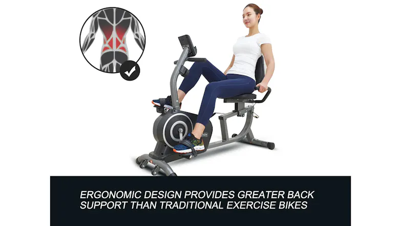 A woman using a PROTRAIN recumbent exercise bike, with a graphic highlighting back support A woman using a PROTRAIN recumbent exercise bike, with a graphic highlighting back support