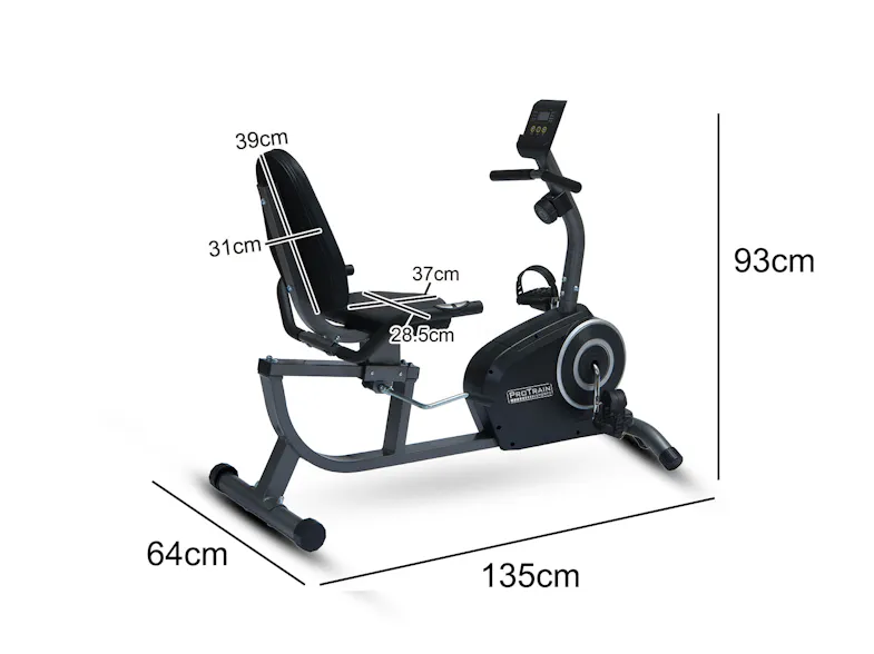 Exercise bike with recumbent design measuring 135 cm long, 64 cm wide, and 93 cm high Exercise bike with recumbent design measuring 135 cm long, 64 cm wide, and 93 cm high