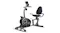 Angled view of a black recumbent exercise bike with padded cushion seat Angled view of a black recumbent exercise bike with padded cushion seat