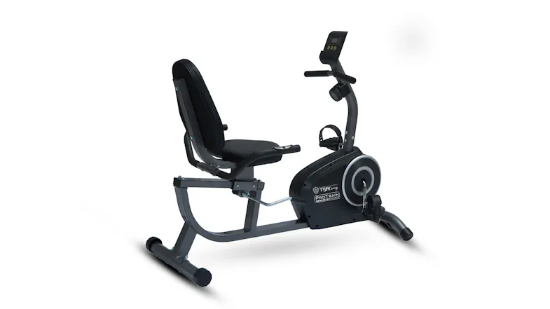 Left-angled view of a black exercise bike with padded seat Left-angled view of a black exercise bike with padded seat