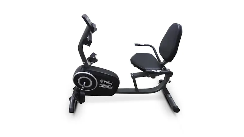 Side view of a black PROTRAIN recumbent exercise bike with a high-back padded seat Side view of a black PROTRAIN recumbent exercise bike with a high-back padded seat