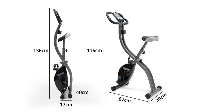 PROTRAIN X-Bike Folding Recumbent Bike highlighting its dimensions PROTRAIN X-Bike Folding Recumbent Bike highlighting its dimensions
