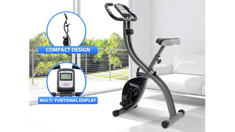An exercise bike in a modern room with insets for compact design and a multi-functional LCD screen An exercise bike in a modern room with insets for compact design and a multi-functional LCD screen