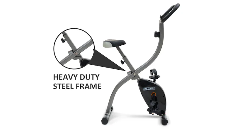 A side view of a grey exercise bike with a callout highlighting its heavy-duty steel frame construction A side view of a grey exercise bike with a callout highlighting its heavy-duty steel frame construction