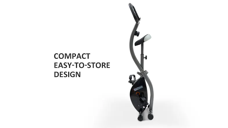 A folded grey exercise bike standing upright, demonstrating its space-saving, easy-to-store design A folded grey exercise bike standing upright, demonstrating its space-saving, easy-to-store design