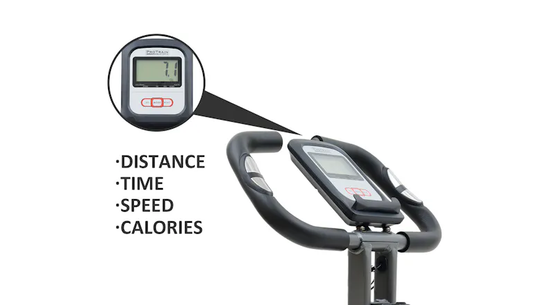 Close-up of the exercise bike handlebars and LCD showing distance, time, speed, and calories Close-up of the exercise bike handlebars and LCD showing distance, time, speed, and calories