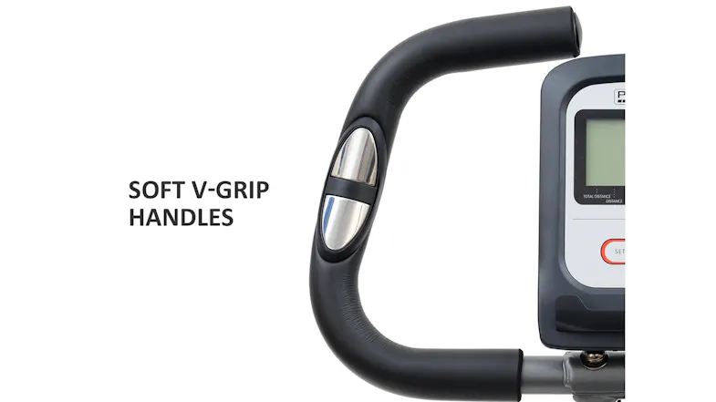 A detailed view of the exercise bike's soft V-grip handlebar with built-in metallic pulse sensors. A detailed view of the exercise bike's soft V-grip handlebar with built-in metallic pulse sensors.