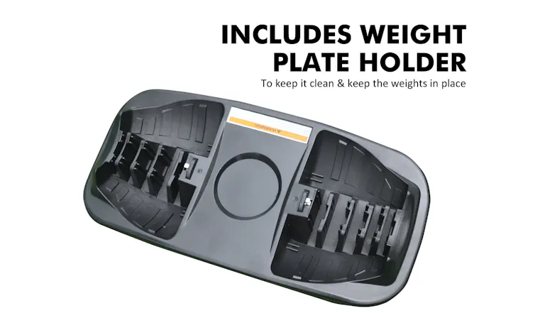 Empty storage tray for an adjustable dumbbell, featuring slots designed to securely hold weight plates Empty storage tray for an adjustable dumbbell, featuring slots designed to securely hold weight plates