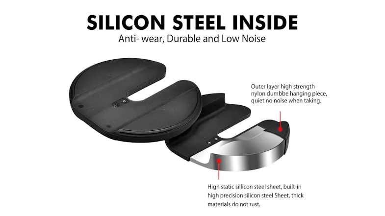 An expanded view showing the silicone steel components inside the adjustable dumbbell's weight mechanism An expanded view showing the silicone steel components inside the adjustable dumbbell's weight mechanism
