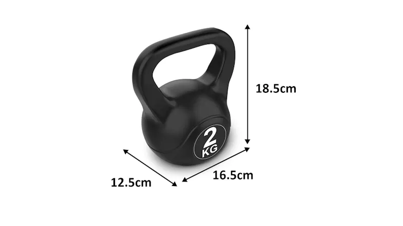 2 kg PROTRAIN kettlebell with labelled dimensions: 18.5 cm high, 16.5 cm long, and 12.5 cm wide 2 kg PROTRAIN kettlebell with labelled dimensions: 18.5 cm high, 16.5 cm long, and 12.5 cm wide