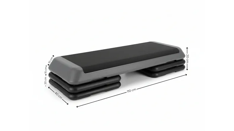 Adjustable aerobic step platform with dimensions shown: 110 cm long, 40 cm wide, and up to 20 cm high Adjustable aerobic step platform with dimensions shown: 110 cm long, 40 cm wide, and up to 20 cm high