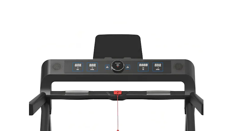 A front view of a treadmill console with digital displays, built-in speakers, device stand, and red safety key A front view of a treadmill console with digital displays, built-in speakers, device stand, and red safety key