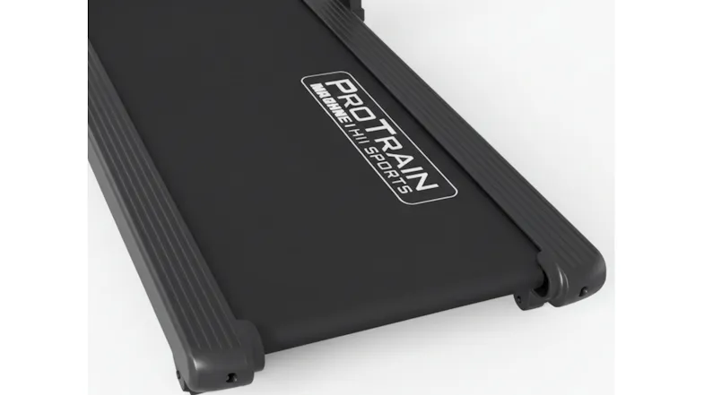 A high-angle view of a black ProTrain treadmill walking belt with printed logo and side foot rails A high-angle view of a black ProTrain treadmill walking belt with printed logo and side foot rails