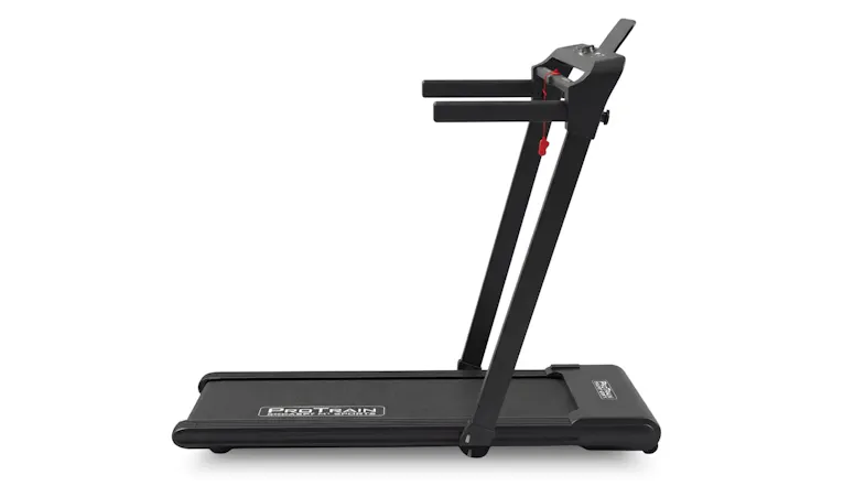 Side view profile of a modern black electric treadmill featuring handrails, safety key, and tablet holder Side view profile of a modern black electric treadmill featuring handrails, safety key, and tablet holder