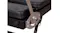 A detailed view of the metal gear hinge mechanism and sturdy base leg of a black folding Pilates reformer machine A detailed view of the metal gear hinge mechanism and sturdy base leg of a black folding Pilates reformer machine
