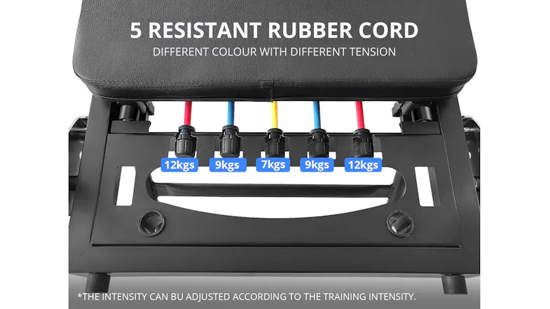 A close-up view of five colored resistance cords under a Pilates reformer carriage labelled with different weight tensions A close-up view of five colored resistance cords under a Pilates reformer carriage labelled with different weight tensions