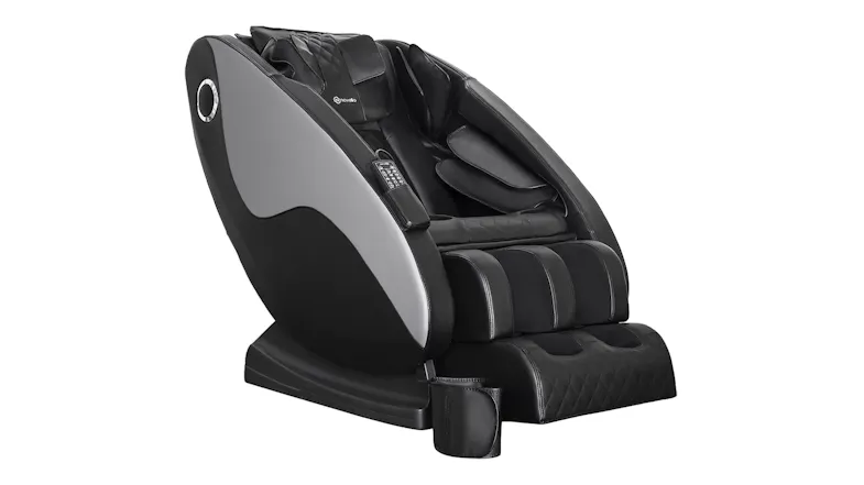 Sleek Novello full body electric massage chair with black and grey leatherette upholstery Sleek Novello full body electric massage chair with black and grey leatherette upholstery