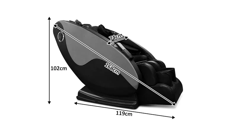 Dimensional diagram showing Novello massage chair specifications including 102cm height, 119cm length, and 74cm width size Dimensional diagram showing Novello massage chair specifications including 102cm height, 119cm length, and 74cm width size