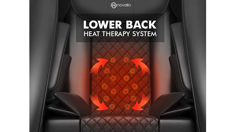 Diagram illustrating lower back heat therapy system on the diamond-quilted backrest of Novello massage chair in black Diagram illustrating lower back heat therapy system on the diamond-quilted backrest of Novello massage chair in black