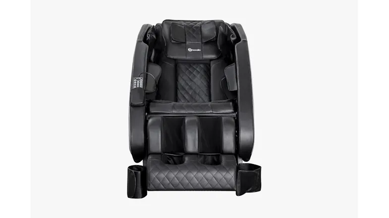 Front view of black leatherette Novello massage chair featuring headrest pillow, armrests, side pockets, and footrest Front view of black leatherette Novello massage chair featuring headrest pillow, armrests, side pockets, and footrest