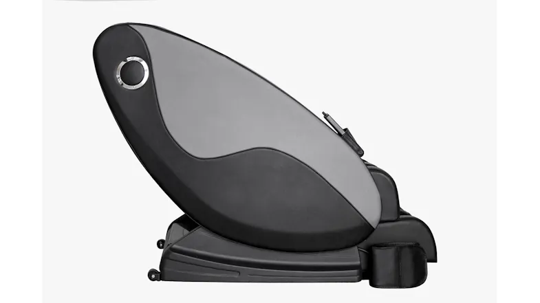 Side profile view of Novello massage chair in two-tone black and grey leatherette design with smooth curved side panel Side profile view of Novello massage chair in two-tone black and grey leatherette design with smooth curved side panel