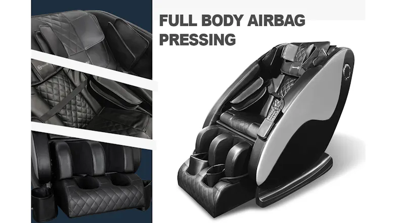 Product infographic illustrating full body airbag pressing features across shoulder, arm, calf, and foot massage zones Product infographic illustrating full body airbag pressing features across shoulder, arm, calf, and foot massage zones