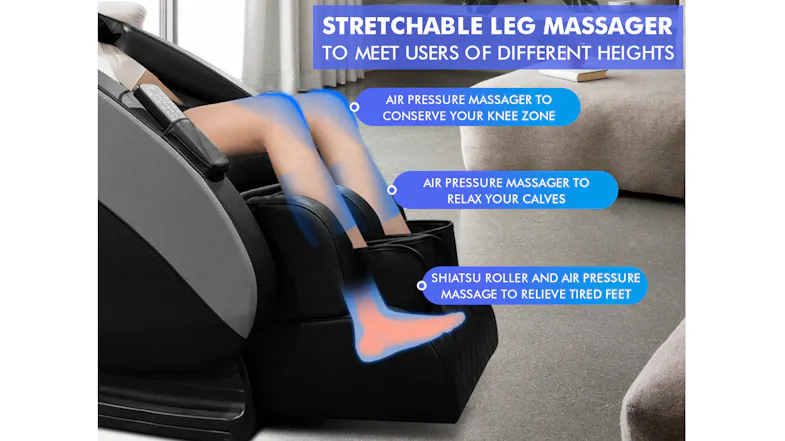 Infographic showing stretchable leg massager with air pressure and shiatsu roller targets for knees, calves, and feet Infographic showing stretchable leg massager with air pressure and shiatsu roller targets for knees, calves, and feet