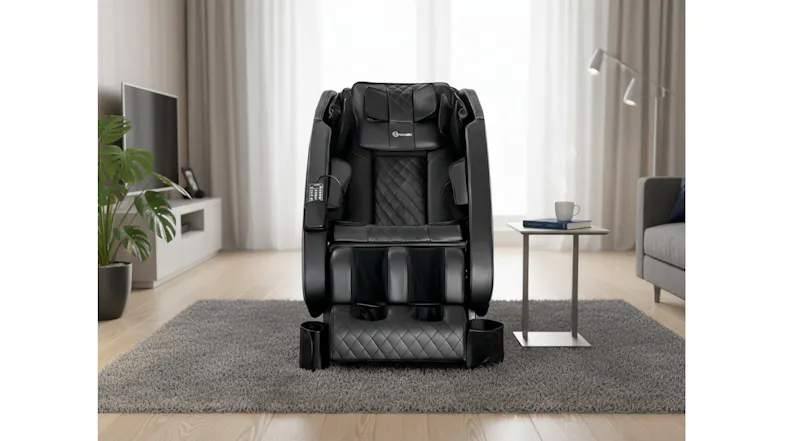 A front view of Novello massage chair set on grey rug in bright living room next to side table with steaming mug and book A front view of Novello massage chair set on grey rug in bright living room next to side table with steaming mug and book