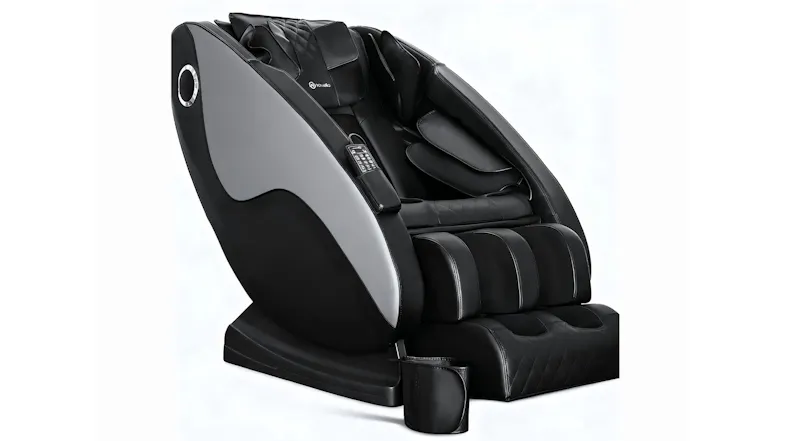 An angled view of black and grey Novello massage chair featuring side speaker, remote holder, and footrest An angled view of black and grey Novello massage chair featuring side speaker, remote holder, and footrest