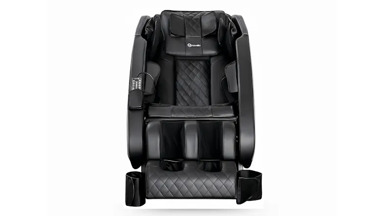 A front view of black leatherette Novello massage chair displaying headrest pillow, side airbags, and lower calf massager A front view of black leatherette Novello massage chair displaying headrest pillow, side airbags, and lower calf massager
