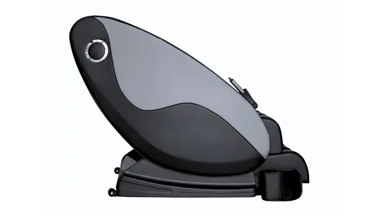 A side profile of Novello massage chair showcasing curved two-tone black and grey shell on wheeled base structure A side profile of Novello massage chair showcasing curved two-tone black and grey shell on wheeled base structure