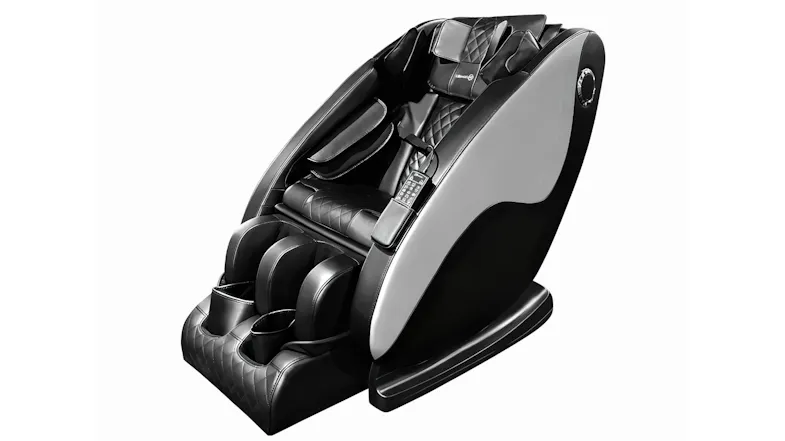 Angled view of black Novello massage chair with grey accents, wired remote control, and foot massager unit Angled view of black Novello massage chair with grey accents, wired remote control, and foot massager unit