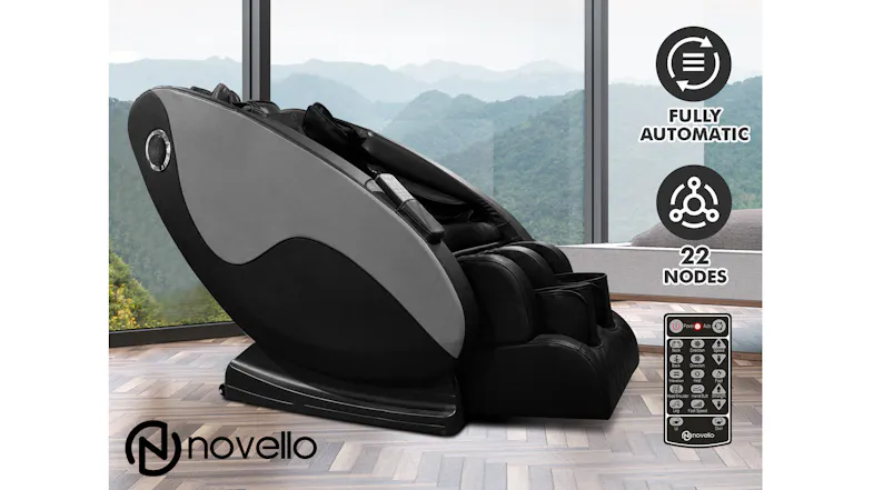 Novello massage chair placed near high windows with callouts highlighting 22 massage nodes and fully automatic controls unit Novello massage chair placed near high windows with callouts highlighting 22 massage nodes and fully automatic controls unit