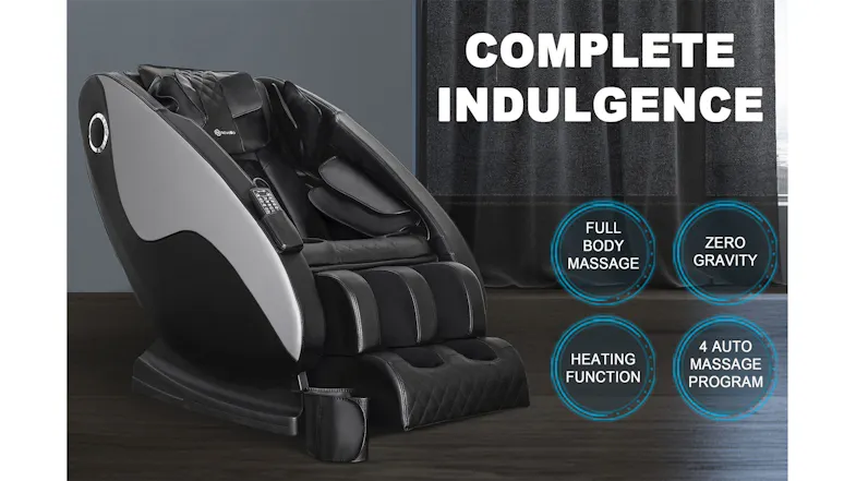 A massage chair with feature badges for full body massage, zero gravity, heating function, and 4 auto massage programs A massage chair with feature badges for full body massage, zero gravity, heating function, and 4 auto massage programs