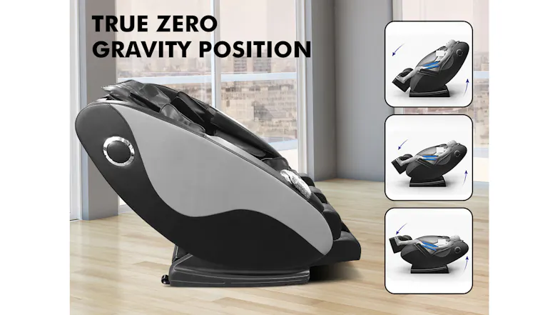 Side view of Novello massage chair demonstrating true zero gravity recline positions alongside three-stage tilt diagrams Side view of Novello massage chair demonstrating true zero gravity recline positions alongside three-stage tilt diagrams