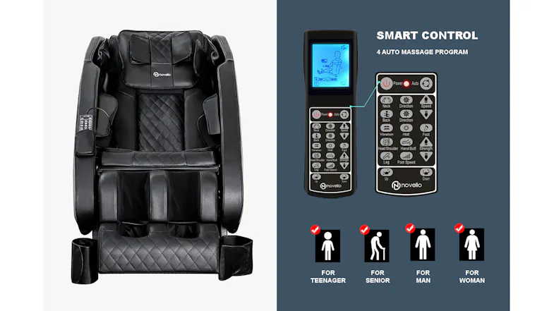 Front view of Novello massage chair alongside smart remote control diagram showing suitability for teens, seniors, and adults Front view of Novello massage chair alongside smart remote control diagram showing suitability for teens, seniors, and adults
