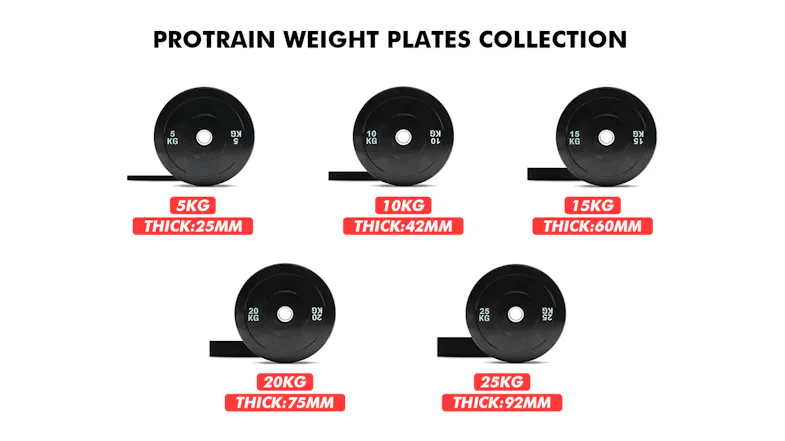 Graphic displaying the PROTRAIN weight plate collection with various weights from 5kg to 25kg and thicknesses Graphic displaying the PROTRAIN weight plate collection with various weights from 5kg to 25kg and thicknesses